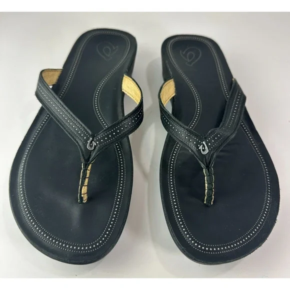 Olukai Ola Full Grain Leather Flip Flops Black Slides Women's Size 10 Sandals - Picture 2 of 14